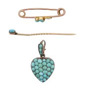 Two turquoise brooches and a heart pendant Yellow and white metal