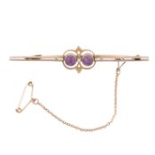 An amethyst and seed pearl bar brooch Yellow metal