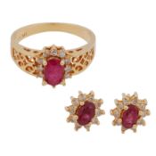 A ruby and diamond ring and earring suite Yellow metal