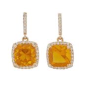 A pair of fire opal and diamond pendent earrings Yellow metal