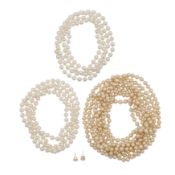 A pair of earrings and three pearl imitation necklaces Yellow metal