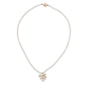 A pearl and diamond necklace Yellow metal