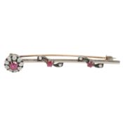 A Victorian ruby and diamond flower brooch Yellow and white metal
