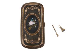 A late 19th century French tortoiseshell, gold pique work and Pietra dura cigar or cigarillo case, c