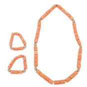 A coral necklace and two bracelets suite Yellow metal