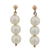 A pair of pearl pendent earrings Yellow metal