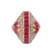 A ruby and diamond lozenge ring Yellow and white metal