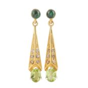 A pair of peridot, aventurine, and diamond pendent earrings Yellow metal