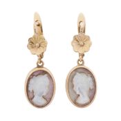 A pair of mother of pearl pendent earrings Yellow metal