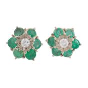 A pair of emerald and diamond flower earrings White metal