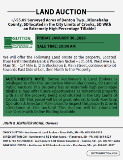 Mohr- +/-55.89 Surveyed Acres of Benton Twp., Minnehaha County, SD located in the City Limits of Crooks, SD