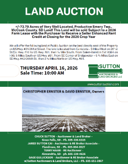 Ernster – +/-73.79 Acres of Very Well Located, Productive Emery Twp., McCook County, SD Land