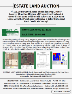 Hageman Estate – +/-161.30 Surveyed Acres of Henden Twp., Miner County, SD Land