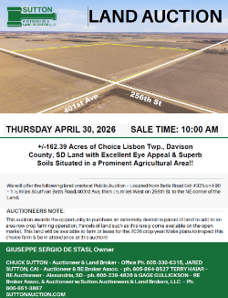 De Stasi – +/-162.39 Acres of Choice Lisbon Twp., Davison Co., SD Land