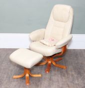 A cream leather upholstered Ekornes style swivel recliner armchair with matching footstool, raised