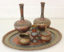 Qty of assorted Middle Eastern enamelled brass items to inc a serving tray, a pair of vases and