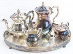 A vintage silver plated four piece tea set on associated serving tray, 4.6kg gross