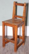 High backed rustic wooden stool or clerk's chair, 46cm x 44cm x 115cm