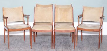 Set of six Danish dining chairs by Uldum Møbelfabrik, four dining and two carver, the carvers 57cm