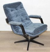 Retro swivel chair in a petrol blue chenille type upholstery, possibly Swedish, 70cm wide x 84cm