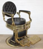 Traditional Brass Hydraulic Reclining Barber’s Chair with Black Button-Tufted Upholstery & Ornate