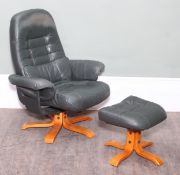 A retro Ekornes style reclining armchair with green leather or faux leather upholstery, 79cm wide