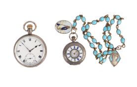 A silver cased open faced pocket watch, the white enamel dial with Roman numerals and subsidiary