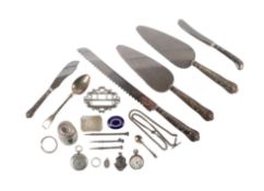 A Victorian silver buckle, Chester 1898, a silver cased open faced fob watch, a silver caddy spoon