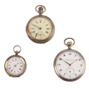 A continental silver open faced pocket watch, a silver cased open faced fob watch, together with