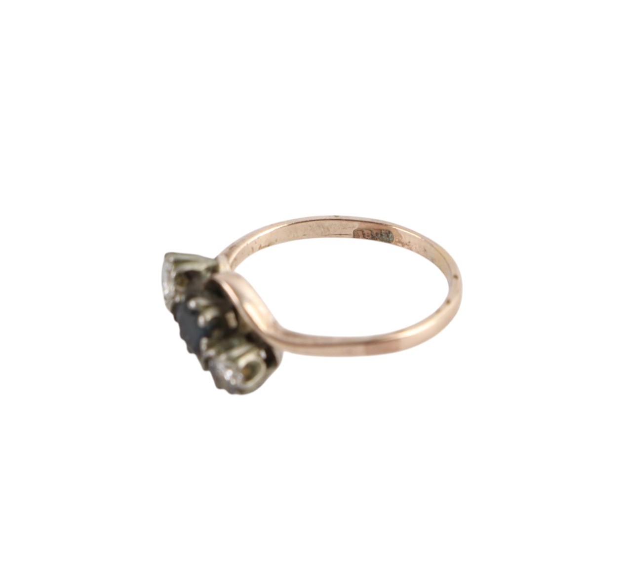 An 18 ct gold sapphire and diamond three-stone ring, approx UK size M, 1.9g. - Image 2 of 2