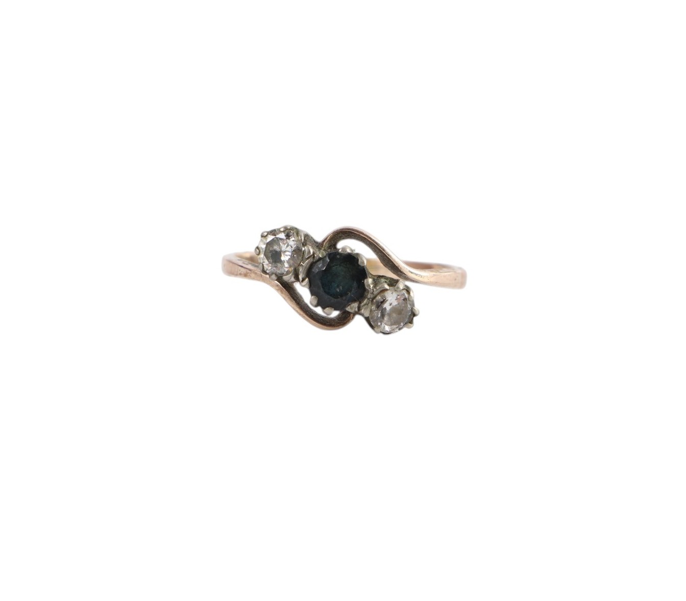 An 18 ct gold sapphire and diamond three-stone ring, approx UK size M, 1.9g.
