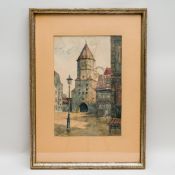Ernst HEBER sign. um 1930 Aquarell Jakobertor Augsburg hinter Glas gerahmt