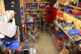 CONTENTS OF SHELVES - ASSORTED TOOLS, CABINET, VALVES, PIPING, PARTS
