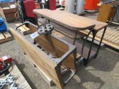 54'' X 16'' X 32'' ROLLING TABLE, 50'' X 16'' X 32'' TABLE W/ SHELVING, & DECORATIVE TABLE W/ WHE...