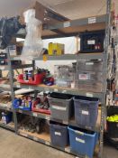 5-SHELF METAL RACK W/CONTENTS - SAFTEY GEAR, CASTORS, CLEANERS, OILS