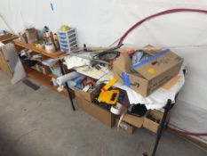 (2) SHELVES W/CONTENTS - ASSORTED THREAD, TAPE, HAND TOOLS