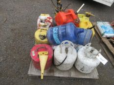 ASSORTED GAS CANS, PROPANE TANKS, SPRAYER & HAND TOOLS