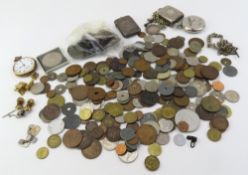 A collection of coins, silver, and other items