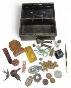 A collection of items including a blue and white m