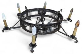 A round black painted chandelier with six sconces