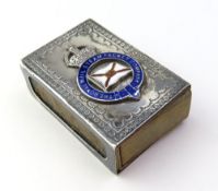A card and wood matchbox with silver cover