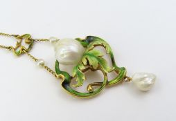 An Art Nouveau baroque pearl and enamel necklace, the unma