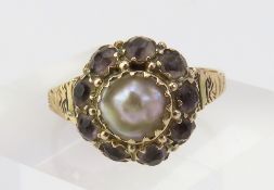 A 9ct gold pearl cluster ring, the central pearl i