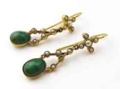 A 19th or early 20th century pair of gold split pearl and green h