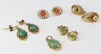 A pair of 9ct gold green stone set drop earrings,
