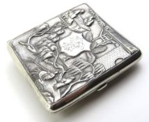 A square cigarette case of white metal, featuring