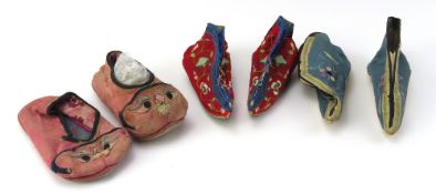 Two pairs of Chinese lotus shoes, embroidered silk