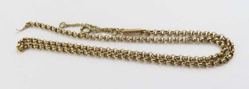 An unmarked rose coloured metal round belcher link chain