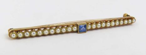 A pearl and sapphire bar brooch, marked ‘15ct’