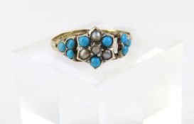 A 19th century, 9ct gold cluster style pearl and turquoise ring
